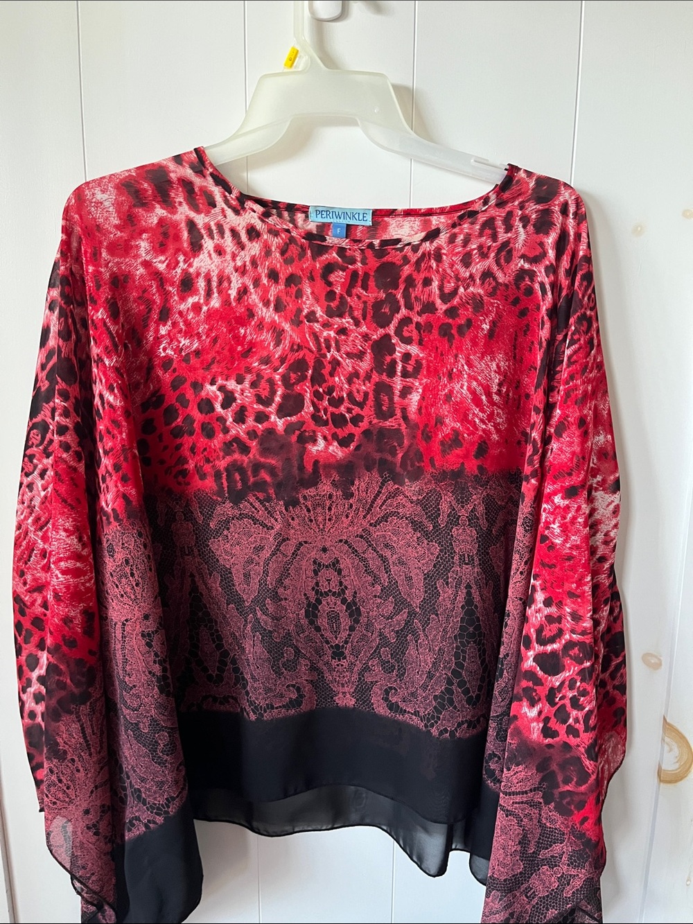 Periwinkle by Barlow Red and Black Animal-Print Sheer Blouse